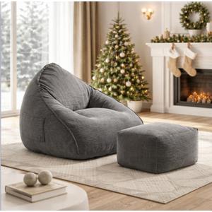 Bean Bag Chair with Ottoman for Adults, Large Corduroy Bean Bag Couch, Boneless Chaise Lounge Reading Chair with High-Resilience Foam, Floor Lounger for Bedroom Living Room (Grey)