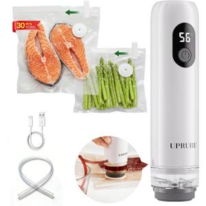 Compact Vacuum Sealer for Food (Vacuum Sealer Machine + 30 Reusable Vacuum Bags), Powerful Handheld Food Vacuum Sealer Machine with LED Display & Liquid Drainage Tube, Portable Food Sealer