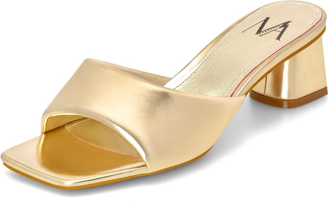 MIRAAZZURRA Gold Women Heeled Mules Square Open Toe Chunky Block Heel Slip on Heeled Sandals Casual Dress Slide Shoes Size 9
