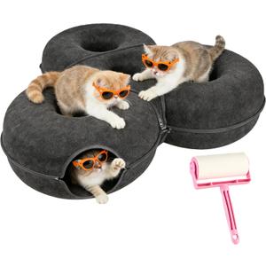 4-in-1 Large Cat Tunnel Bed for Multiple Large Cats, Scratch Resistant Donut & Detachable & Washable Donut Cat Bed,Up to 45 Lbs (L 40x40x11,Charcoal Gray),Bonus Pet Hair Remover Included