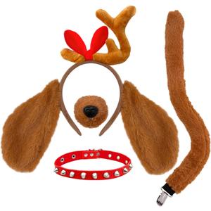 4Pcs Antler Dog Headband Costume Set,Antlers Headpiece with Dogs Ears Collar Nose Tail Animal Dress Up Accessories for Kids,Adults,Dogs,Halloween,Christmas,Party Cosplay,Brown