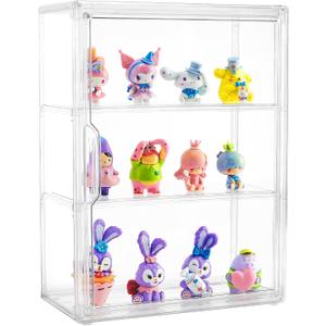 Acrylic Display Case for Collectibles 3 Tier Figure Display Case with 2 Movable Plates Clear Display Case for Figures with Magnetic Door Tall Display Box, 1 Pack