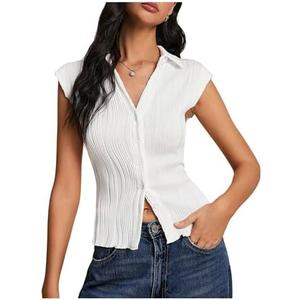 MakeMeChic Women's Textured Cap Sleeve Collared Slim Fit Button Down Shirt Tee Tops, Medium 