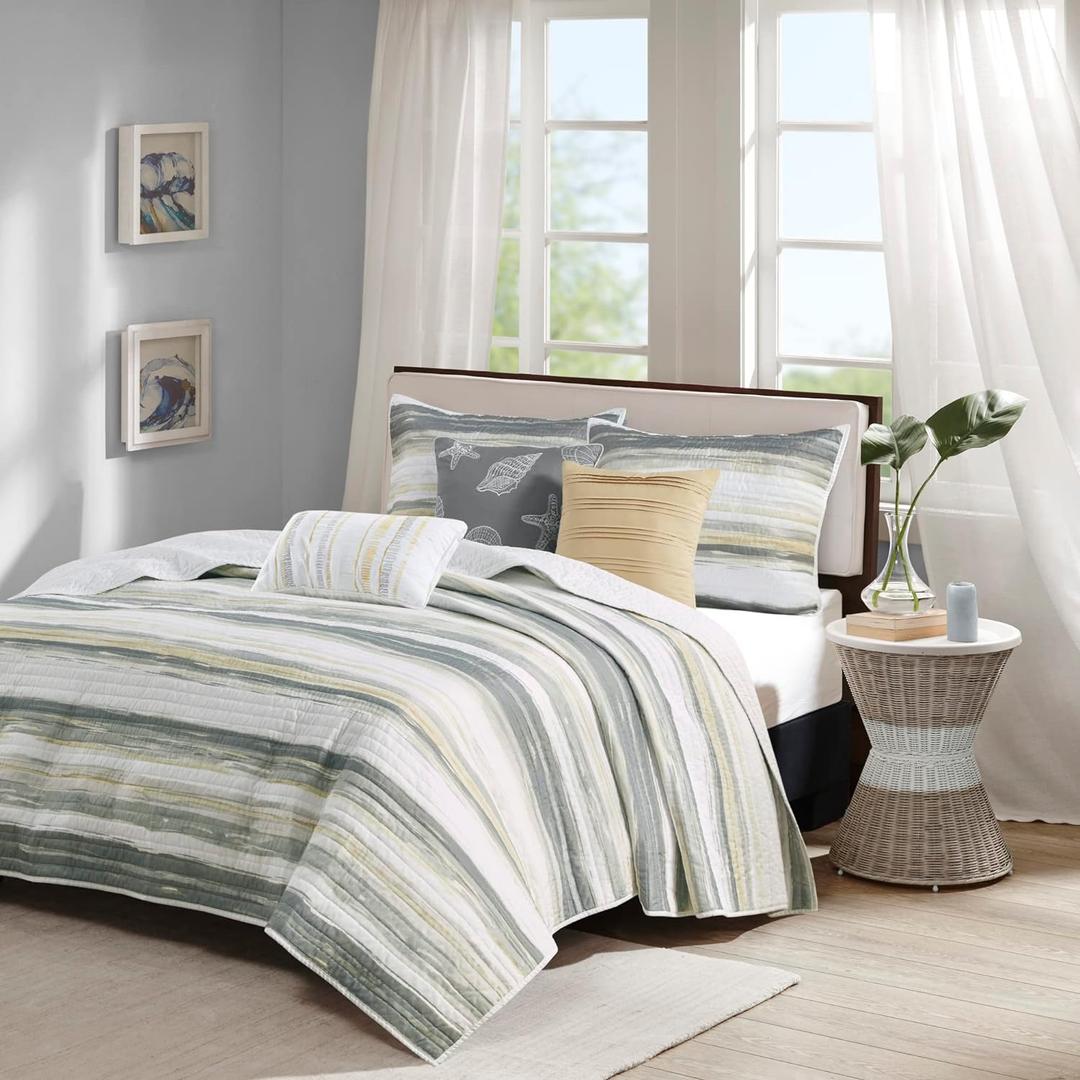 Madison Park Quilt Set Cottage Coastal Design, 6 Piece Set - All Season, Coverlet Bedspread Lightweight Bedding Layer, Shams, Toss Pillows, Full/Queen(90 in x 90 in), Yellow/Grey