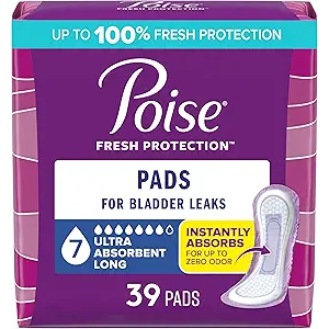 Poise Incontinence & Postpartum Pads for Bladder Leaks, 7 Drop Ultra Absorbency, Long Length, 39 Count