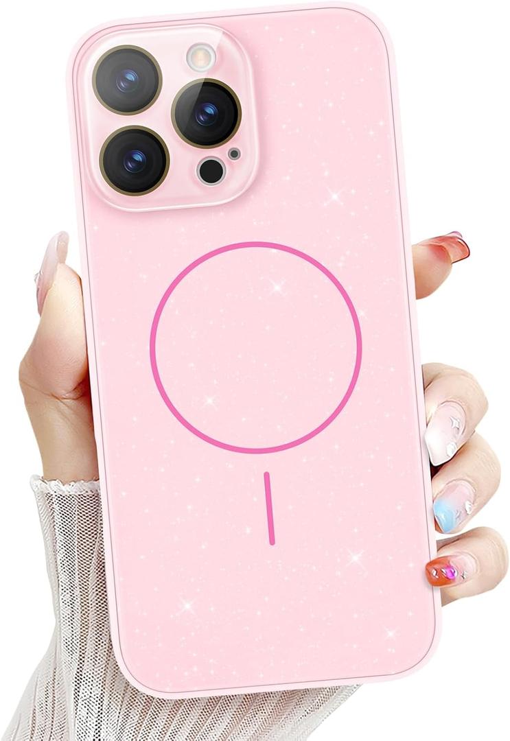 Newseego for iPhone 16 Pro Max Magnetic Case, Cute Bling Sparkle Slim Case for Women Girls Men Soft TPU Frame Hard PC Back Camera Lens Protection Anti-Scratch Glitter Cover for iPhone 16 Pro Max-Pink