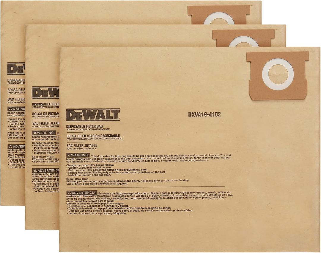 3 Pack DEWALT Dust Bag DXVA19-4102, for 12-16 Gallon Wet/Dry Vacuum, Filter Bag Compatible with DXV12P DXV14P DXV16P DXV16PA DXV16S