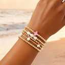 14K Gold Pearl Beaded Cross Bracelets Stack Set for Women,Stretch Boho Colorful Christian Beads Ball Jewelry Trendy Gift (Pink)