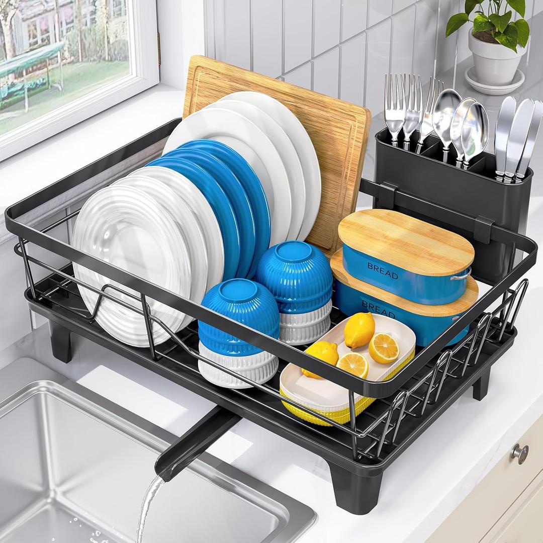 Urackify Compact Dish Drainer for Kitchen Counter - Expandable Large Capacity Drying Rack with Removable Cutlery Holder, Anti-Rust Plate Rack, Non-Slip Feet (Black)