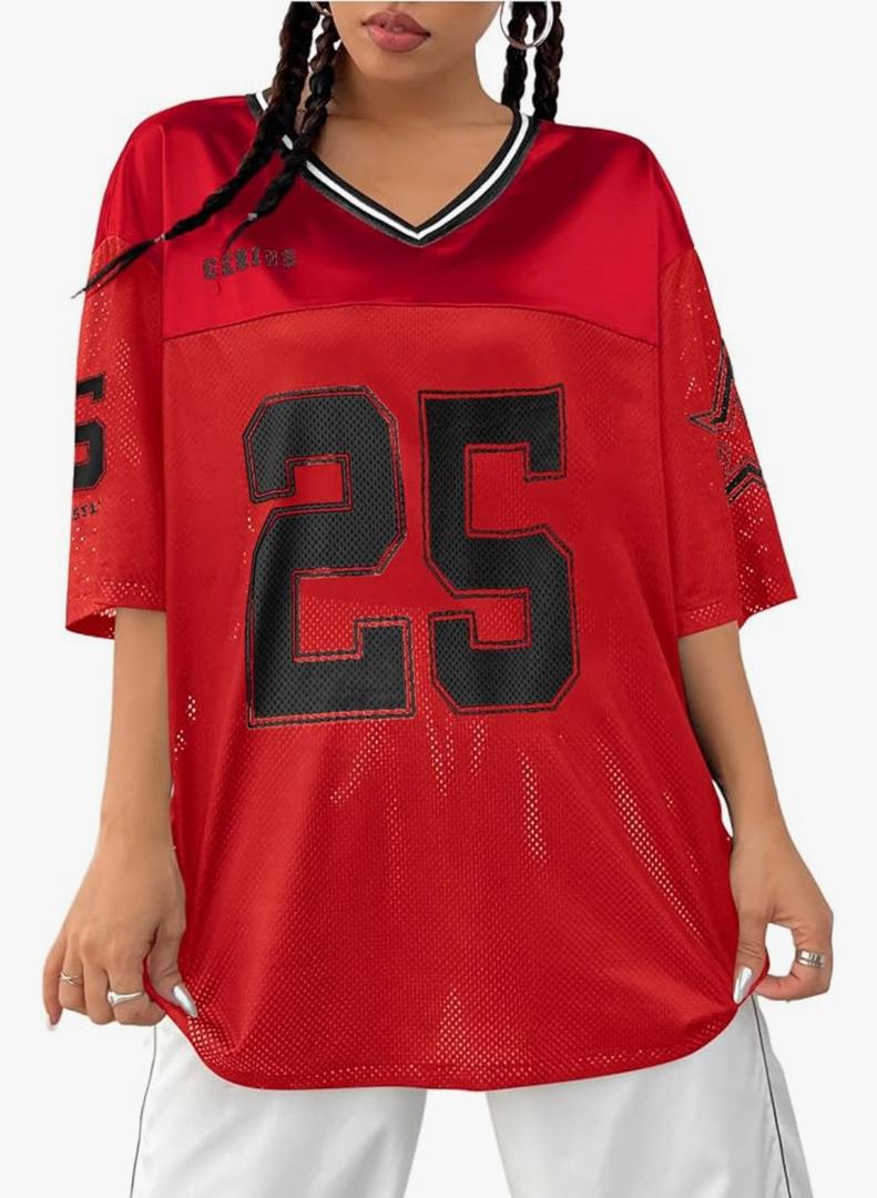 Women's Y2k Baggy T-Shirts V Neck Half Sleeve Sportswear Tees Jersey Top Streetwear, XL