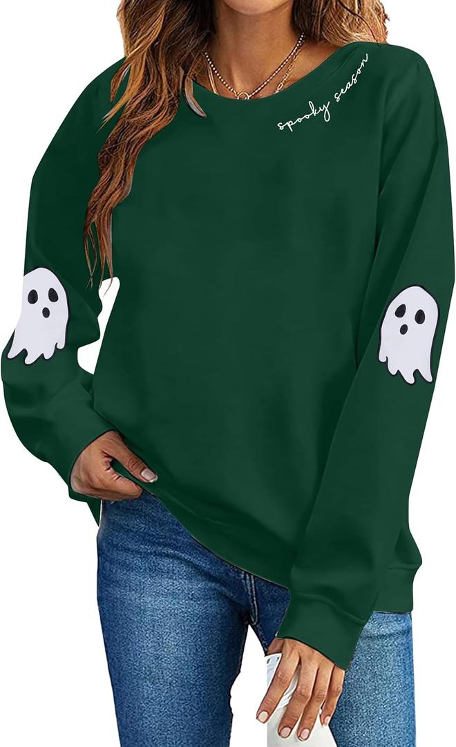 HEBBE Spooky Season Sweatshirts Halloween Ghost Sweatshirt Women - Halloween Graphic Crewneck Tops Casual Sweater (Small)