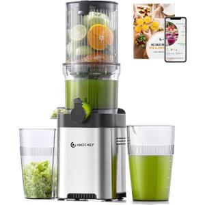 AMZCHEF Cold Press Juicer, 4.5" Juicer Machines with Large Feed Chute for Whole Fruits & Vegetables, Stainless Steel Juice Extractor with Large Auger, Dual Strainers, Easy Cleanup & Assembly