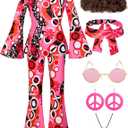 SOMSOC 7 Pack 70s Women Hippie Costume Set Boho Flared Pants Tie Dye Headband Necklace Earrings Wig for Halloween Cosplay (Medium, Hot Pink)
