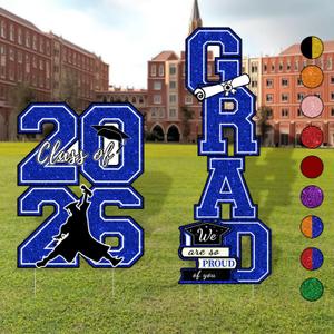 Graduation Yard Signs Class of 2026 Blue Graduation Decorations - 4 PCS Large Size Waterproof Glittering Congrats Grad Outdoor Lawn Decor with Stakes - High School College Graduations Party Supplies