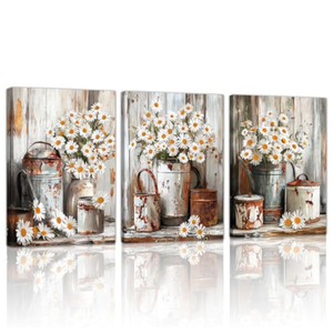 WENGTIAO 3Pcs Rustic Daisy Canvas Wall Art Fall Flower Prints Posters Vintage Country Flora Paintings Pictures Nature Botanical Artwork for Bedroom Living Room Bathroom 20x28x3
