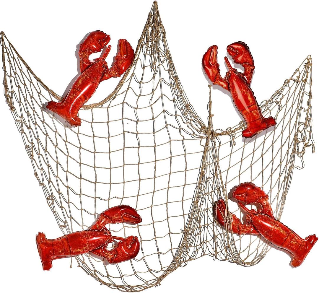Silipull 5 Pcs Crawfish Balloons Decorative Fishing Net Set Lobster Foil Balloons Crawfish Boil Party Supplies for Under The Sea Animal Pirate Birthday Party Decorations