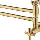 Pot Filler Faucet, Brushed Gold Kitchen Faucet Brass Wall Mounted Stretchable Folding Pot Fillers with Double Joint Swing Arm Single Hole 2 Cross Handles Extending Arm Stove Faucet, P82BG