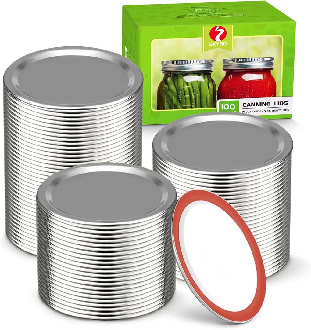 100-Count, WIDE Mouth Canning Lids for Ball, Kerr Jars - Split-Type Metal Mason Jar Lids for Canning - Food Grade Material, 100% Fit & Airtight for Wide Mouth Jars (86mm)