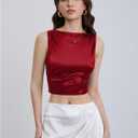 WDIRARA Women's Satin Crop Top Tie Back Backless Sleeveless Ruched Party Blouse Tops (S)