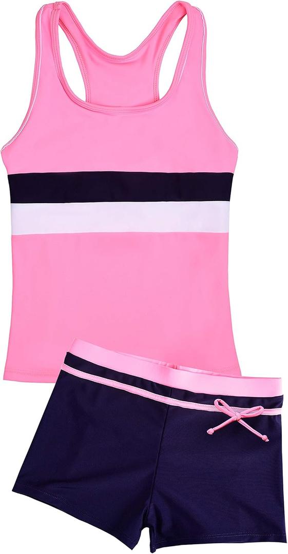 Uhnice Girls Swimsuit Two Piece Tankini Swimwear with Boyshort (10-11 Years, Pink)