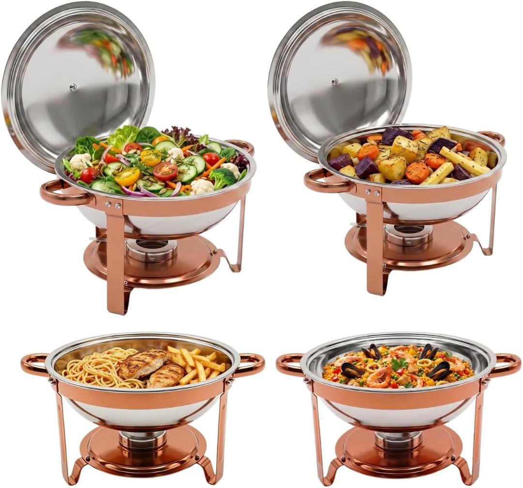 4-Pack Rose Gold Chafing Dishes for Buffet – 6QT 304 Stainless Steel Complete Food Warmer Set with Lids, Water Pans & Fuel Holders, Ideal for Weddings, Parties & Events