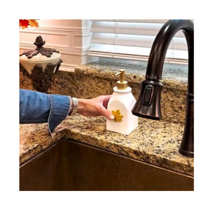 Home Seasonal Soap/Lotion Dispenser Gift Set with 7 Interchangeable Magnetic Holiday Attachments, Refillable for Bathroom & Kitchen, Gold