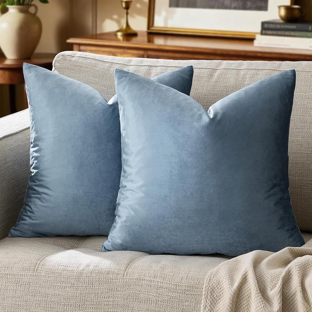 GIGIZAZA Stone Blue Velvet Decorative Throw Pillow Covers 18x18 for Sofa Living Room Soft Couch Pillow Cover Pack of 2