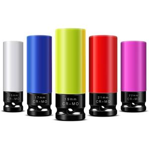 BOEN 1/2" Drive Wheel Protector Impact Socket, Non-Marring Lug Nut Thin Wall Deep Socket Set, CR-MO, 6 Point, Color-Coded Protective Socket | Metric 15 17 19 21 22 mm (5 PCS)
