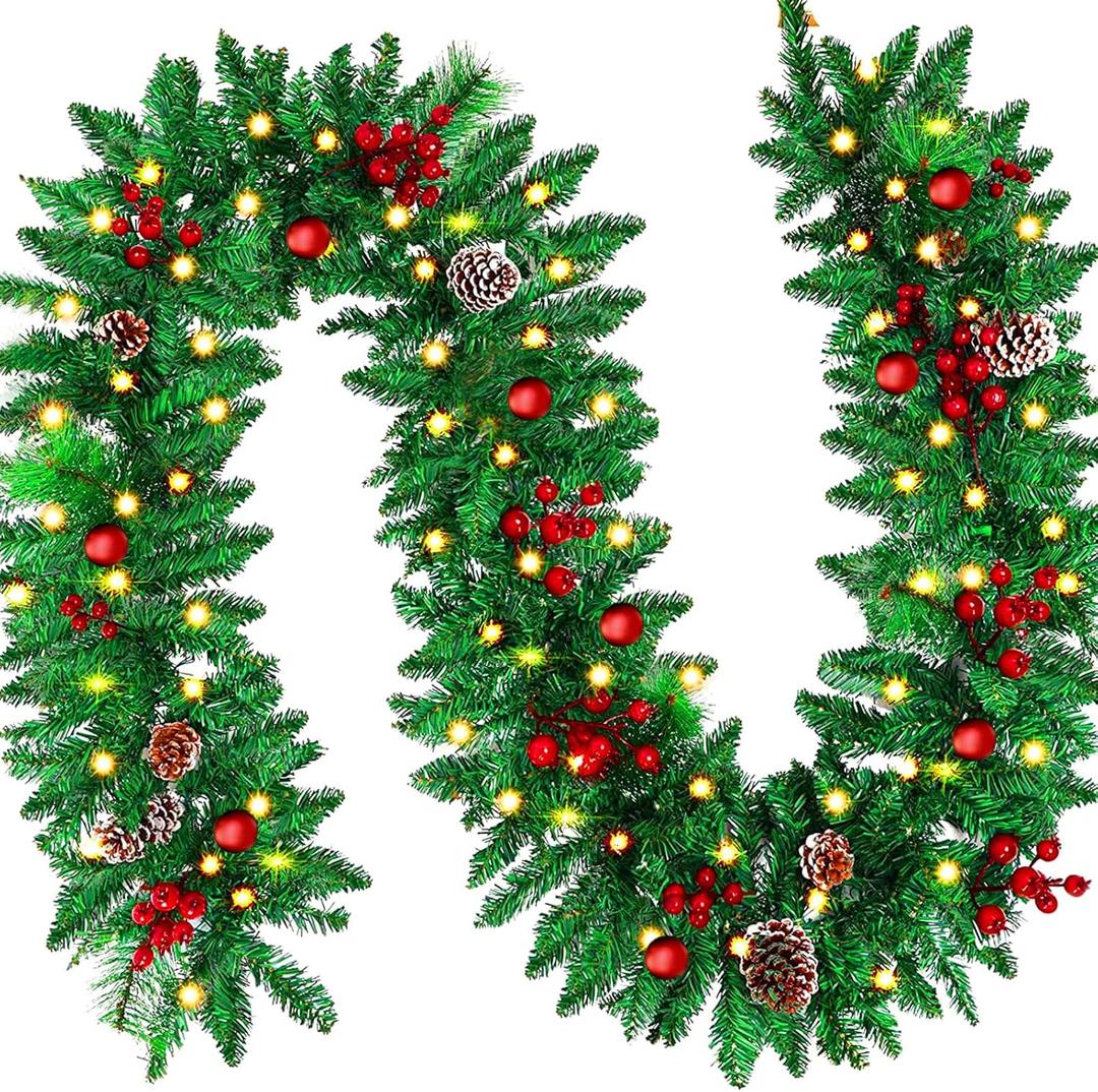 9 FT LED Christmas Garland with Pinecones Red Berries Bows Christmas Balls Candies, Multi-Function Christmas Garland with 50 Warm White LED Lights, 310 Branch Tips for Indoor Outdoor