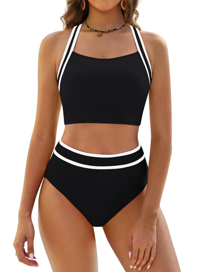 BMJL Women's High Waisted Bikini Sets Two Piece Swimsuits Sporty Tummy Control Bathing Suit Color Block Swim Suit M