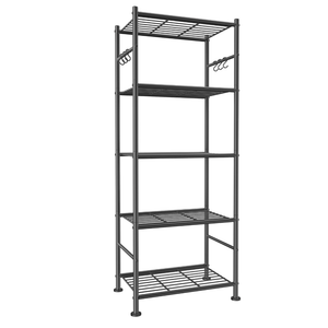 Sakugi Storage Shelves - 5-Tier Large Capacity Shelf Organizer with Hooks, Heavy-Duty Garage Shelving with Leveling Feet, Wobble-Free Rack for Bedroom, Balcony, Garage, 18.1"×12.4"×56.8", Black