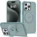 for iPhone 15 Pro Max Case 6.7 Inches 360Rotatable Magnetic Ring Invisible Stand,[Compatible with Mag-Safe] Military Shockproof Frosted Translucent Case,Cyan
