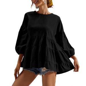 Women's Peplum Tops 3/4 Lantern Sleeve Crewneck Loose Babydoll Shirt Blouse (Medium, Black)