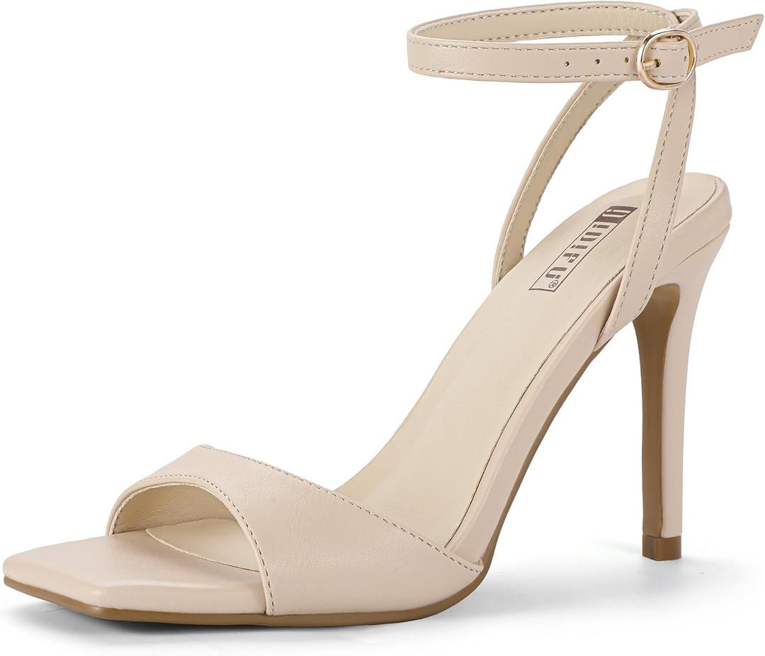 IDIFU Nude Heels Strappy Stiletto High Heels Square Open Toe Heeled Sandals Wedding Bridal Prom Party Evening Dress Shoes for Women Comfortable Sexy Dressy Trendy Ankle Strap Heels(Nude Pu, Size 11)
