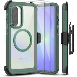 for Samsung Galaxy A36 5G Case, [Transparent & Holster Series] Belt Clip Full Body Shockproof Protective Cell Phone Cover with 2 Pack Tempered Glass Screen Protector (Dark Green/Clear)