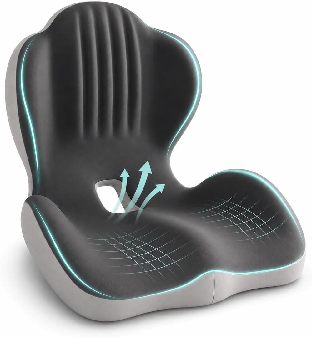 Saker Ergonomic Memory Foam Seat Cushion with Back Support, 2-in-1 Coccyx Cutout Chair Pad for Office, Car, Gaming Chair and Wheelchair, Contoured Lumbar Support for Long Sitting (Grey)