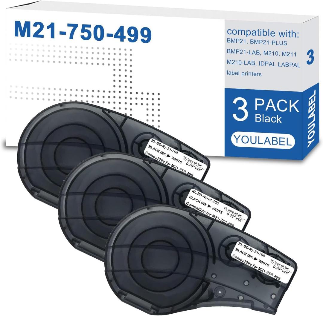M21-750-499 Label Tape Compatible Label Tape Replacement for (M21-750-499) Nylon Label for General ID, Black on White- Designed for M210, M210-LAB, M211, BMP21-PLUS Printers, .75" W 16' L(3 Pack)