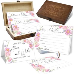 50 Pcs Advice And Wishes for The Mr And Mrs - Floral Wedding Advice Cards with Wood Box, Bride and Groom Well Wishes Box Keepsake, Bridal Shower Party Favors (pink flower-3)