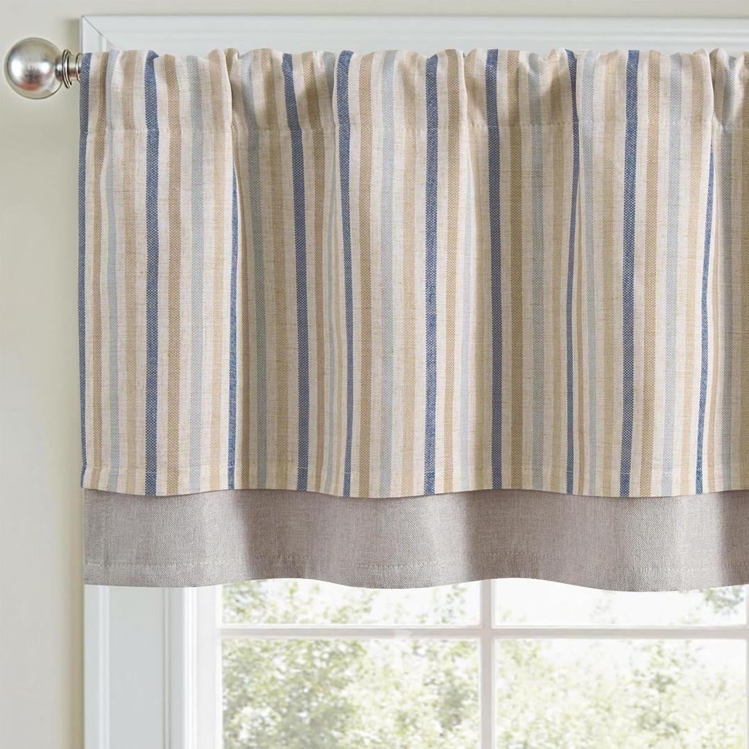 jinchan Colorful Striped Linen Double Layer Valance Pinstripe Rustic Cafe for Living Room Bathroom Light Filtering Drapes for Small Window Farmhouse Valance Rod Pocket 1 Panel 18 Inch Multi Blue