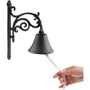 Decorative Iron Wall Mounted Bell with Rope Pull, Rustic Dinner Bell for Ship School Reception Church,Manually Shaking Doorbell for Outside Porch Garden,Black