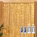 Brightown 300 LED Fairy Curtain Lights, 9.8ft x 9.8ft String Lights, USB Plug in 8 Lighting Modes Christmas String Hanging Lights with Remote for Bedroom Indoor Outdoor Party Xmas Warm White 2 Pack