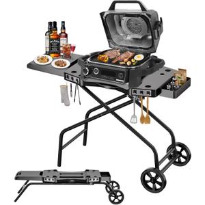 GRISUN Foldable Grill Table Stand for Ninja Woodfire Outdoor GrillOG700/701/751), Portable Camping Table for Blackstone 22", Portable BBQ Stand with 2 Wheels, Side Table & Storage Basket