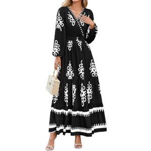 PRETTYGARDEN Women's 2026 Fall Wedding Guest Dresses Boho Floral Long Sleeve V Neck Flowy Elegant Maxi Dress Beach Clothes (Large, Floral Black White)