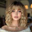 Ombre Blonde Wigs with Bangs Blond Wig for Women 14Inch Short Wavy Wigs Shoulder Length Hair for Girl Natural Looking Synthetic Heat Resistant Fiber Hair for Daily Party Halloween Use