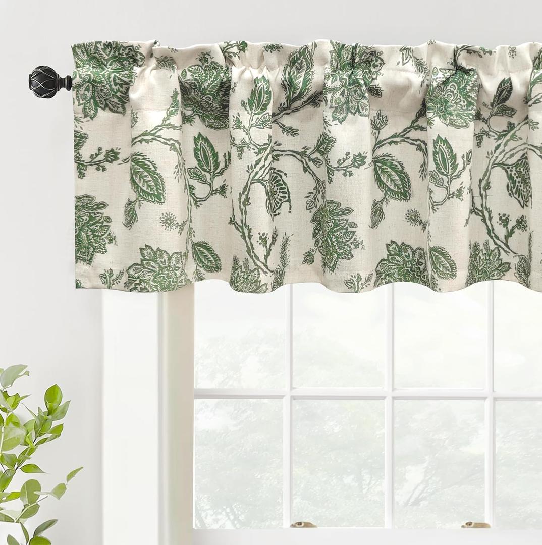 DriftAway Freda Jacobean Floral Linen Blend Blackout Thermal Insulated Energy Saving Privacy Window Linen Curtain Valance Rod Pocket 2 Layers Single 52 Inch by 14 Inch Plus 1.75 Header Loden Green
