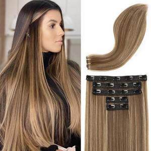 REECHO Clip in Hair Extensions, Hair Extensions Thick Long Lace Weft Lightweight Synthetic Hairpieces for Women (24 Inch240 Gram(Pack of 5), Chocolate Brown with Golden Blonde Highlights)