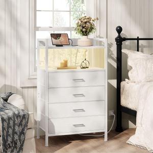 Tall Nightstand with Drawers White Night Stand with Charging Station and LED Light, 4 Drawer Dresser for Girls Bedroom Modern