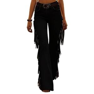 NECGNIQ Womens Tassel Flare Leg Pants, Vintage Fringe Trim Skinny Bell Bottom Trousers Western Bodycon Pants (Black,Medium)