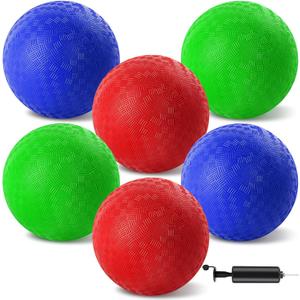 6 Pcs Dodgeballs 8.5 Inch Playground Ball 3 Colour Kickball Inflatable Rubber Handball Bouncy Dodge Ball with 1 Hand Pump for Outdoors Games Gym Camps Picnic (Needle is at The Top of the Pump) (Multicolor)