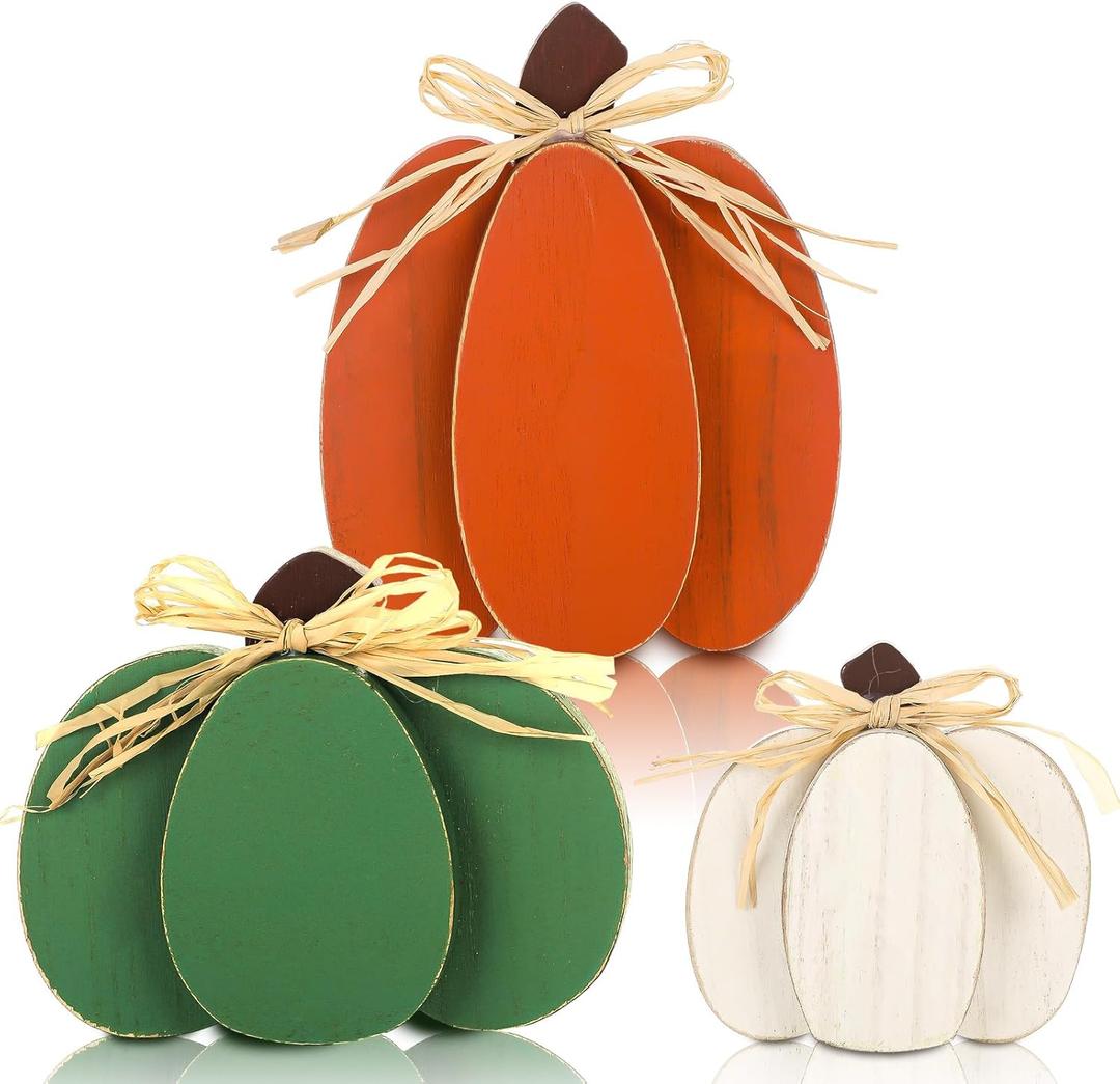 Ferraycle 3 Pcs Fall Pumpkin Decor Fall Wooden Signs 3D Pumpkin Tabletop Decor Farmhouse Sign Rustic Tiered Tray Decorations Block Centerpieces Standing Sign for Home Kitchen Harvest(Colorful Color)